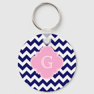 Navy Wht Chevron ZigZag Pink Quatrefoil Monogram Keychain