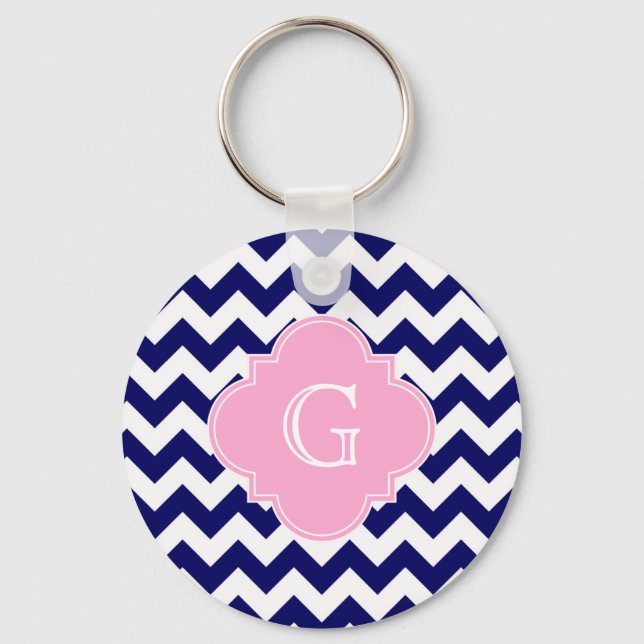 Navy Wht Chevron ZigZag Pink Quatrefoil Monogram Keychain (Front)