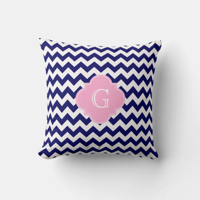 Navy Wht Chevron ZigZag Pink Quatrefoil Monogram Throw Pillow (Front)