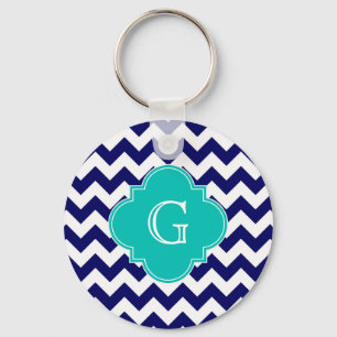 Navy Wht Chevron ZigZag Teal Quatrefoil Monogram Keychain