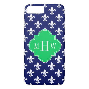 Navy Wht Fleur de Lis Emerald 3 Initial Monogram iPhone 8 Plus/7 Plus Case