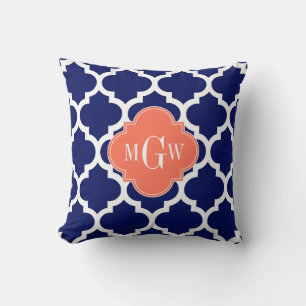 Navy Wht Moroccan #5 Coral 3 Initial Monogram Throw Pillow