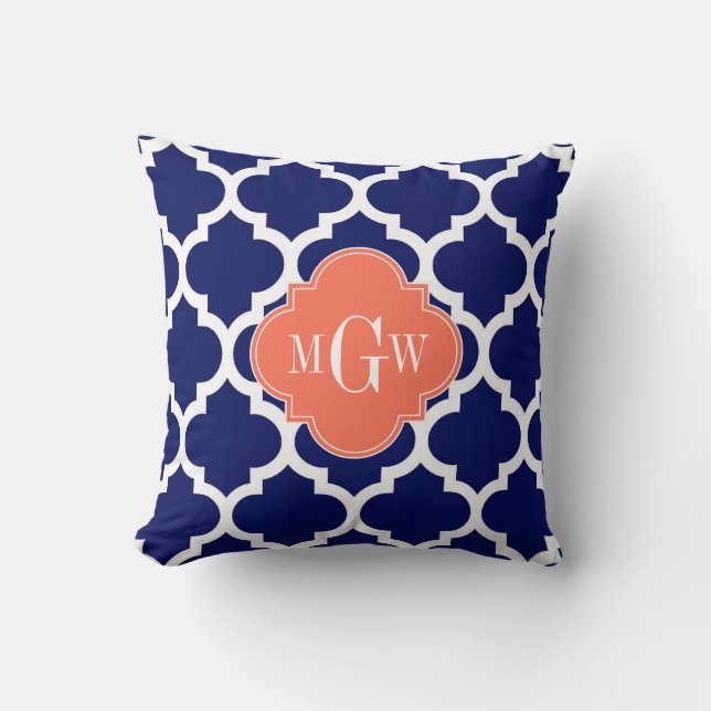 Navy Wht Moroccan #5 Coral 3 Initial Monogram Throw Pillow (Front)