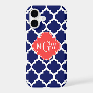Navy Wht Moroccan #5 Coral Red 3 Initial Monogram