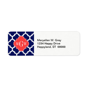 Navy Wht Moroccan #5 Coral Red 3 Initial Monogram
