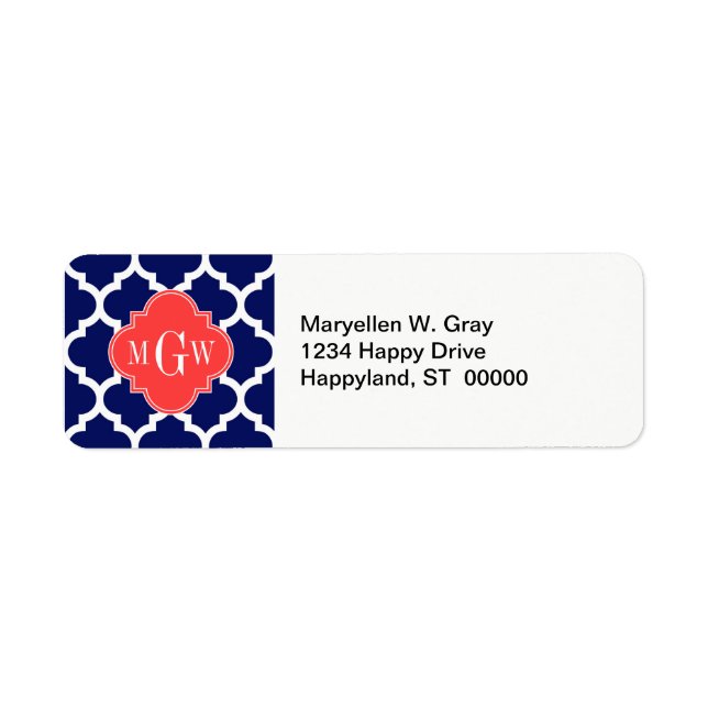Navy Wht Moroccan #5 Coral Red 3 Initial Monogram (Front)