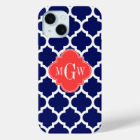 Navy Wht Moroccan #5 Coral Red 3 Initial Monogram