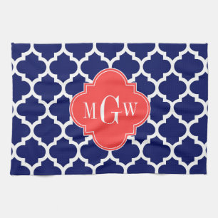 Navy Wht Moroccan #5 Coral Red 3 Initial Monogram Kitchen Towel