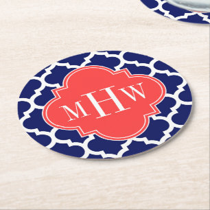 Navy Wht Moroccan #5 Coral Red 3 Initial Monogram Round Paper Coaster