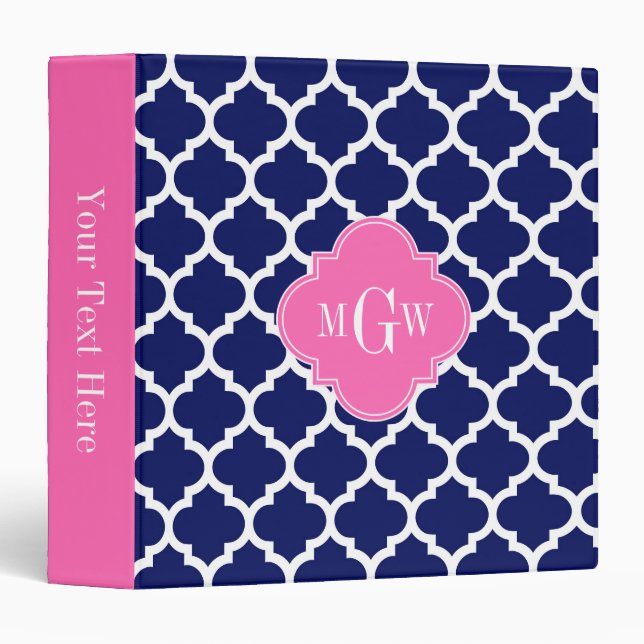 Navy Wht Moroccan #5 Hot Pink2 3 Initial Monogram Binder (Front/Spine)