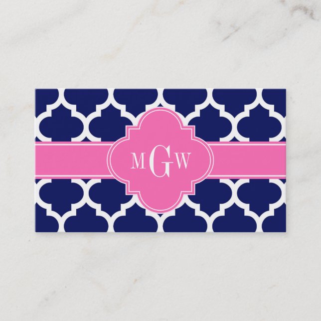 Navy Wht Moroccan #5 Hot Pink2 3 Initial Monogram Business Card (Front)