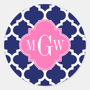 Navy Wht Moroccan #5 Hot Pink2 3 Initial Monogram Classic Round Sticker
