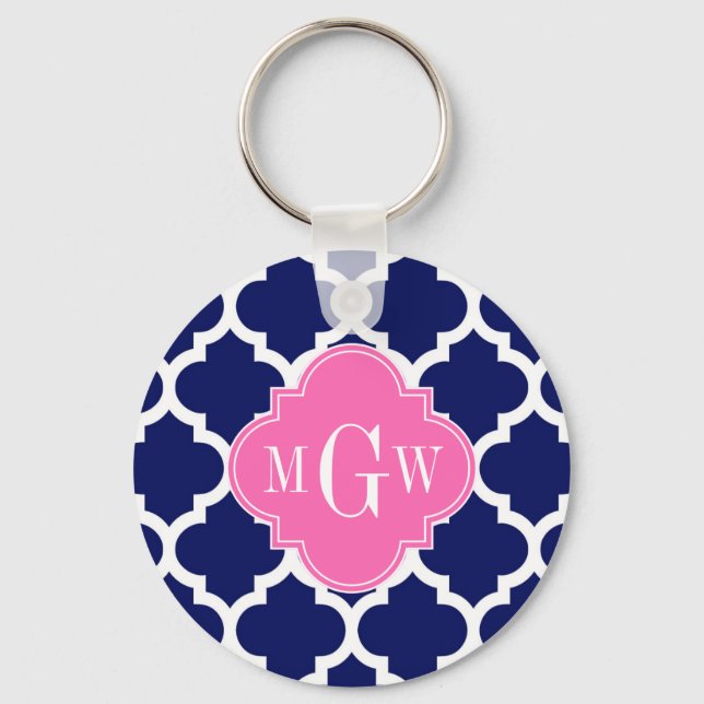 Navy Wht Moroccan #5 Hot Pink2 3 Initial Monogram Keychain (Front)
