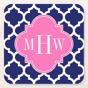Navy Wht Moroccan #5 Hot Pink2 3 Initial Monogram Square Paper Coaster