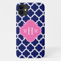 Navy Wht Moroccan #5 Hot Pink 3 Initial Monogram