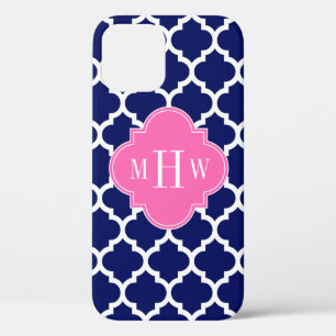 Navy Wht Moroccan #5 Hot Pink 3 Initial Monogram iPhone 12 Case