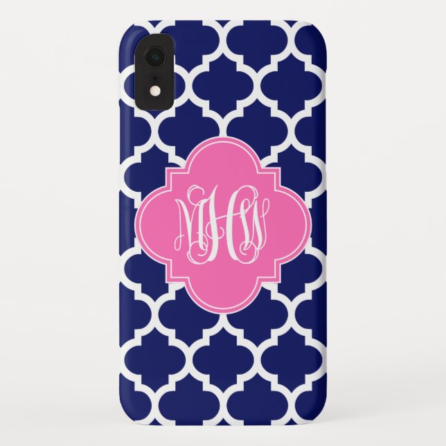 Navy Wht Moroccan #5 Hot Pink 3 Initial Monogram Case-Mate iPhone Case (Back)
