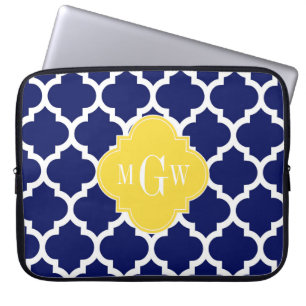 Navy Wht Moroccan #5 Pineapple 3 Initial Monogram Laptop Sleeve