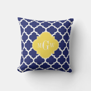 Navy Wht Moroccan #5 Pineapple 3 Initial Monogram Throw Pillow