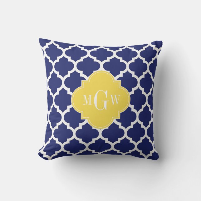 Navy Wht Moroccan #5 Pineapple 3 Initial Monogram Throw Pillow (Front)