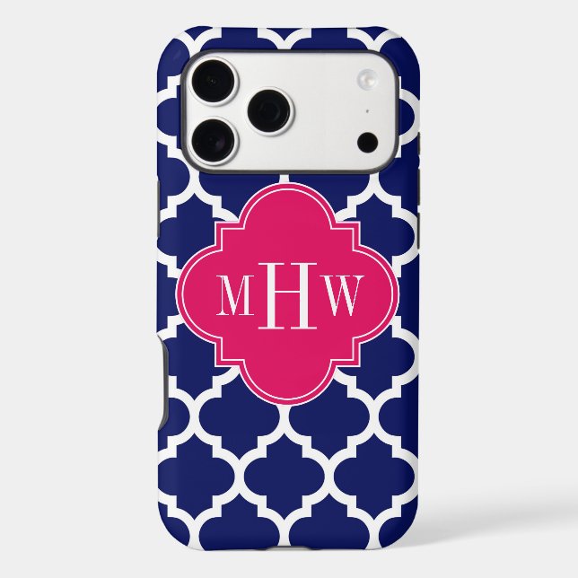 Navy Wht Moroccan #5 Raspberry 3 Initial Monogram (Verso)