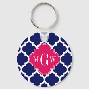 Navy Wht Moroccan #5 Raspberry 3 Initial Monogram Keychain