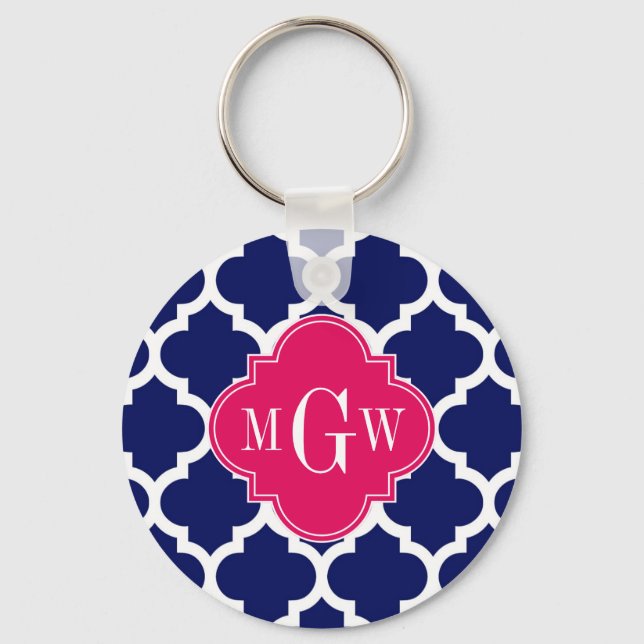 Navy Wht Moroccan #5 Raspberry 3 Initial Monogram Keychain (Front)