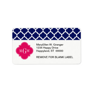Navy Wht Moroccan #5 Raspberry 3 Initial Monogram Label