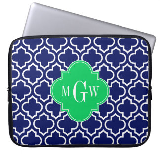 Navy Wht Moroccan #6 Emerald 3 Initial Monogram Laptop Sleeve