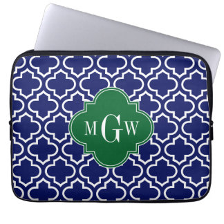 Navy Wht Moroccan #6 Forest Grn 3 Initial Monogram Laptop Sleeve