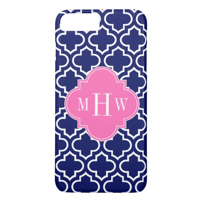 Navy Wht Moroccan #6 Hot Pink 3 Initial Monogram Case-Mate iPhone Case (Back)