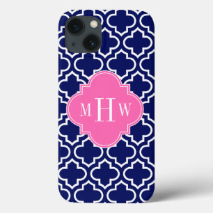Navy Wht Moroccan #6 Hot Pink 3 Initial Monogram iPhone 13 Case