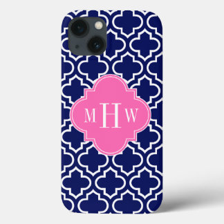Navy Wht Moroccan #6 Hot Pink 3 Initial Monogram iPhone 13 Case