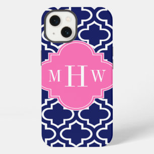Navy Wht Moroccan #6 Hot Pink 3 Initial Monogram iPhone 13 Case