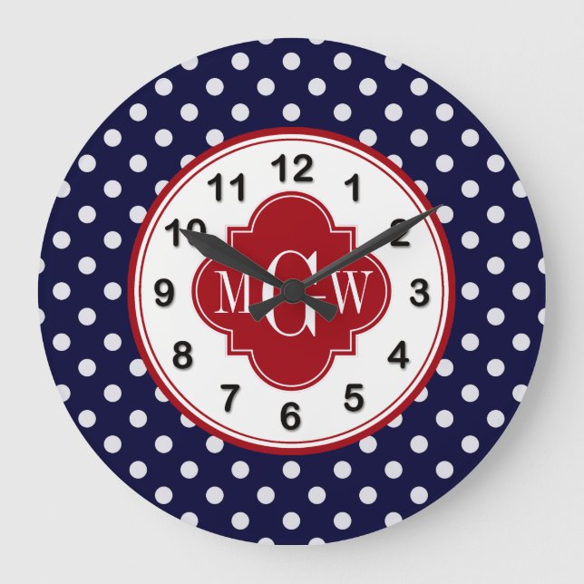 Navy Wht Polka Dot Cranberry Quatrefoil 3 Monogram Large Clock (Front)