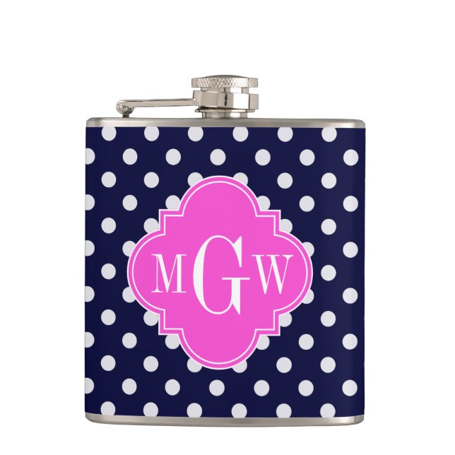 Navy Wht Polka Dot Hot Pink Quatrefoil 3 Monogram Hip Flask (Front)