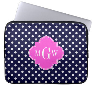 Navy Wht Polka Dot Hot Pink Quatrefoil 3 Monogram Laptop Sleeve