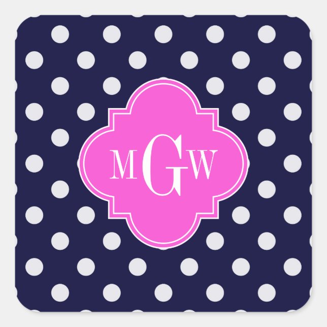 Navy Wht Polka Dot Hot Pink Quatrefoil 3 Monogram Square Sticker (Front)