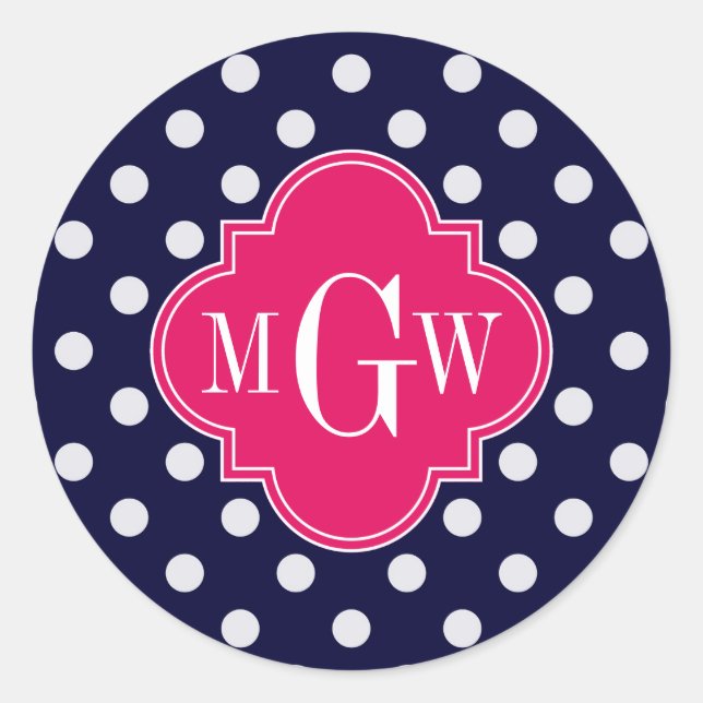 Navy Wht Polka Dot Raspberry Quatrefoil 3 Monogram Classic Round Sticker (Front)