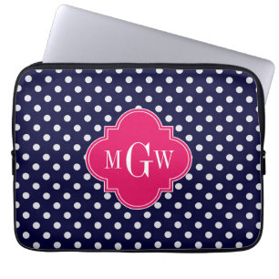 Navy Wht Polka Dot Raspberry Quatrefoil 3 Monogram Laptop Sleeve