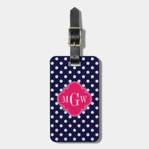 Navy Wht Polka Dot Raspberry Quatrefoil 3 Monogram Luggage Tag