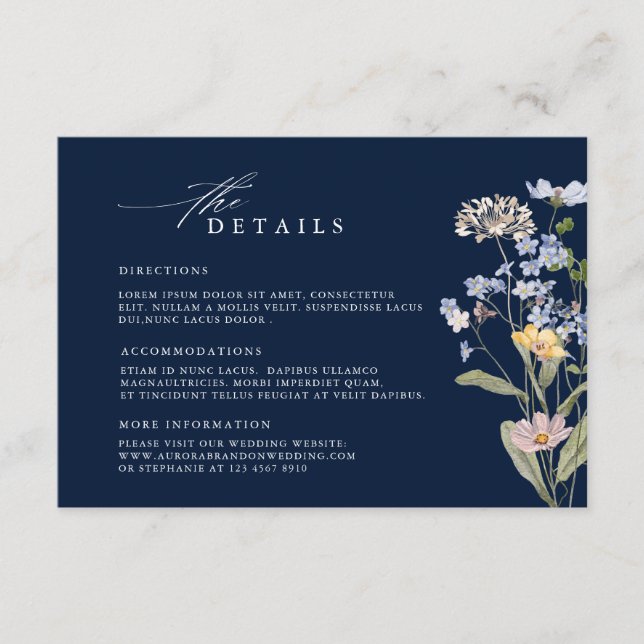 Navy wildflower wedding templa Wedding Details Enclosure Card (Front)
