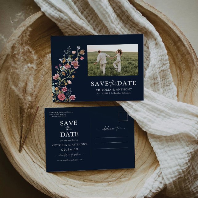 Navy Wildflowers Save The Date with Photo Postcard (Creator Uploaded)