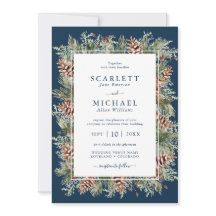 Navy Winter Greenery Holiday Wedding Invitation