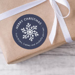 Navy Winter Snowflake Christmas Gift Tag Stickers<br><div class="desc">Affordable custom printed Merry Christmas round gift tag stickers personalized with your text. This simple modern holiday design features a white snowflake on a navy blue background. Use the design tools to choose any background colour, edit text fonts and colours or upload your own photos to design your own unique...</div>