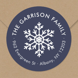 Navy Winter Snowflake Round Return Address Label