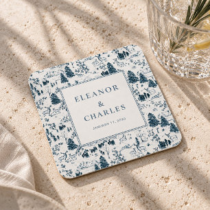Navy Winter Toile Wedding Paper Coaster