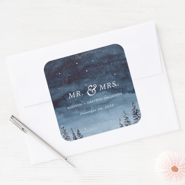 Navy Winter Watercolor Snowy Wedding Square Sticker (Envelope)