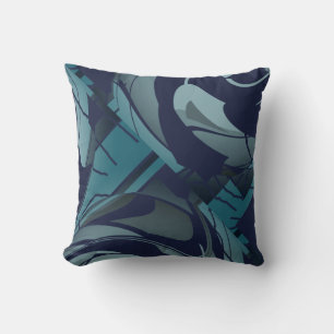 Navy with Light & Dark Teal Grey Lush Leaves Motif Throw Pillow
