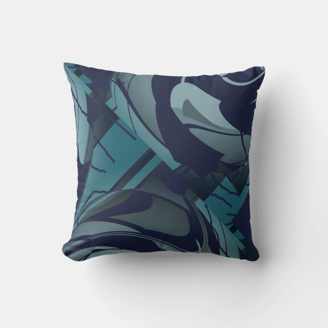 Navy with Light & Dark Teal Grey Lush Leaves Motif Throw Pillow (Front)